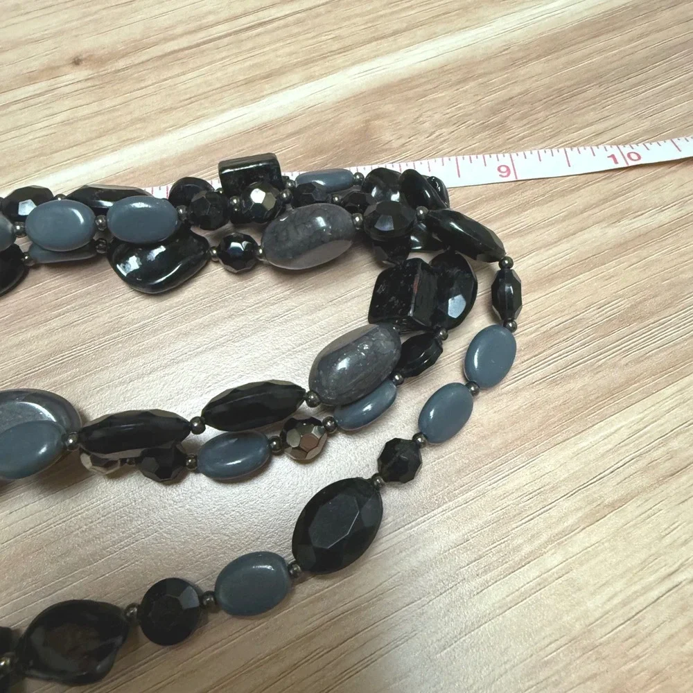 Black Grey Multi Strand Beaded Statement Necklace Layered Chunky Adjustable